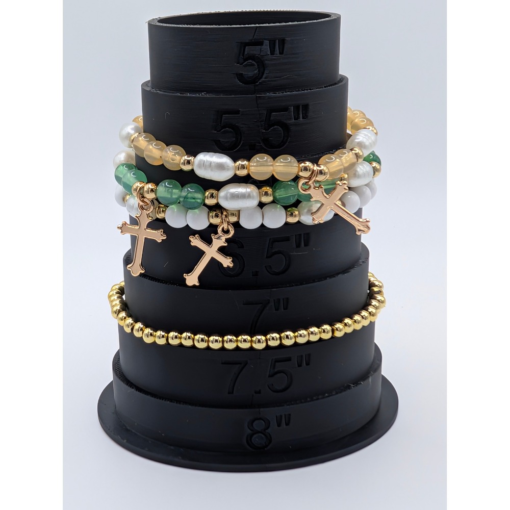 Christian Cross Beaded Stretch Bracelet Stack 4pc Faux Pearl Gold Tone Charms